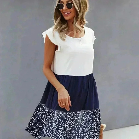 Blue & White Casual Womens Cut And Sew Babydoll Dress - Picture 3 of 5